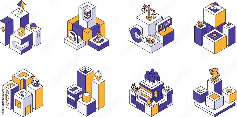 Fototapeta premium Modern isometric vector graphic representing various business and tech concepts
