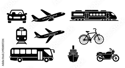 Collection of black silhouette icons representing various modes of transportation, including land, air, and sea vehicles.