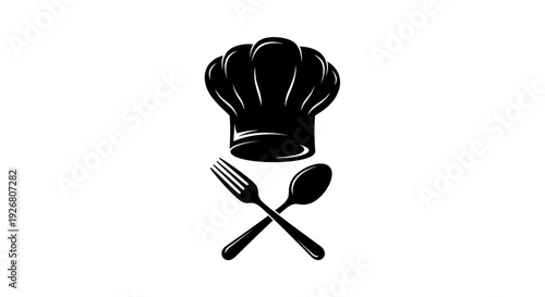 A black chef's hat sits above a crossed fork and spoon, symbolizing cooking and culinary arts.