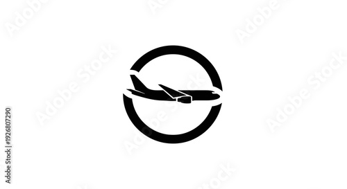 A black silhouette of an airplane flying horizontally through a circular frame on a white background, representing travel or aviation.