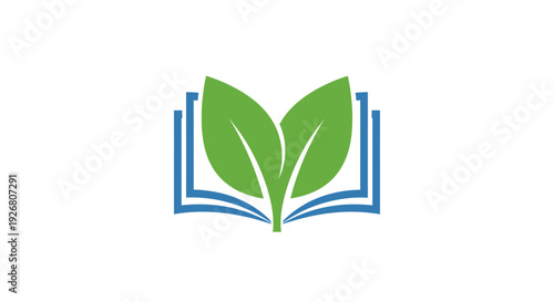 Green leaves sprouting from an open blue book, symbolizing nature and learning, on isolated white background.