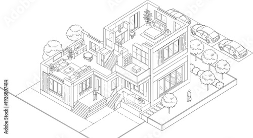 Modern residential house isometric line illustration showing contemporary architecture with interior layout, garden landscape and urban living environment design concept