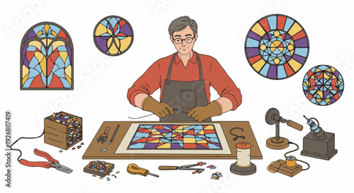 Illustration of a master craftsman soldering colored glass pieces to create a vibrant stained glass window panel, surrounded by tools and designs.