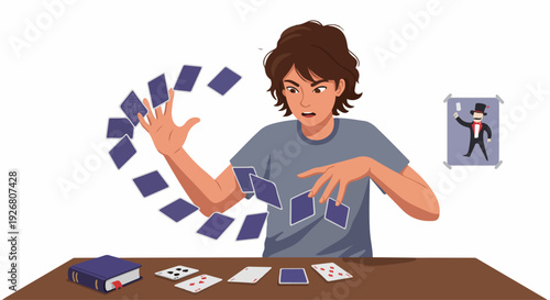 Young aspiring magician practicing card manipulation tricks with cards levitating around his hand, studying magic from a book.