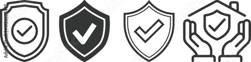 Modern shield security check icon set collection in flat and line style featuring protection, approval, verified badge and cybersecurity symbols. Data safety and trust concepts.