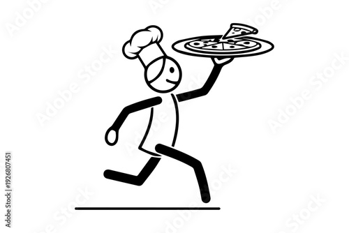 A stick figure chef runs while carrying a pizza on a silver platter silhouette