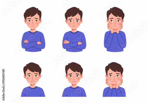 Vector set of a young man expressing sadness, disappointment, and worry with various poses, including crossed arms and hands on cheeks, isolated on white.