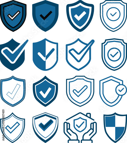 Modern shield security check icon set collection in flat and line style featuring protection, approval, verified badge and cybersecurity symbols. Data safety and trust concepts.