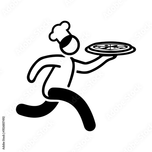 A running waiter cheerfully carries a pizza on a tray black silhouette
