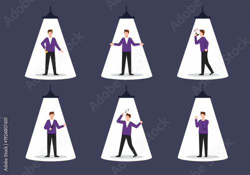 Man Character Poses Under Spotlight Set: Presenting, Speaking, Singing, and Performance Vector Illustration on Dark Background.