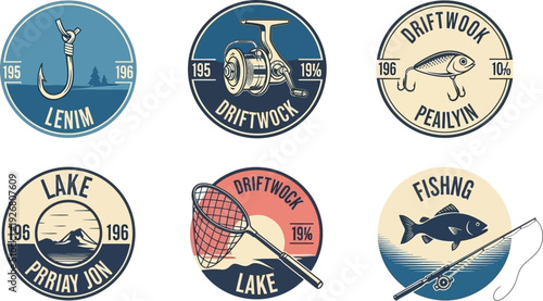 Set of retro vector fishing emblems featuring various gear and scenes.