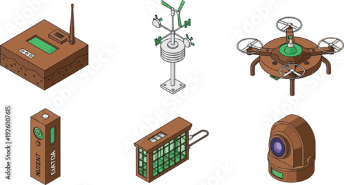 Collection of isometric smart farming technology monitoring devices vector illustration