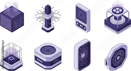 Isometric vector illustration set of futuristic technology and hardware components