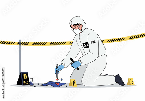Forensic investigator in a protective suit collecting evidence with tweezers at a crime scene marked by caution tape and numbered markers.