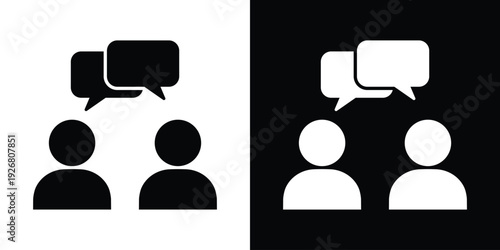 Profile silhouettes of two users with speech bubbles. Icon for online chat, customer support, or forum discussion. Modern minimalist design for communication apps and social media platforms.