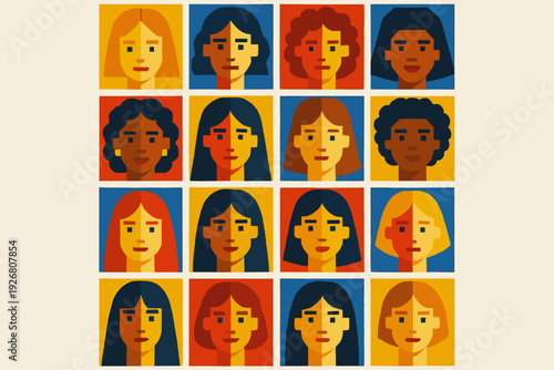 Diverse illustrated portraits of women in vibrant colors on a geometric background