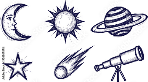 Astronomical vector icons including moon, sun, Saturn, star, comet, and telescope.