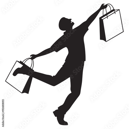 Man is excited about shopping, holding two shopping bags with one arm outstretched and one leg lifted in air, vector illustration isolated on white background