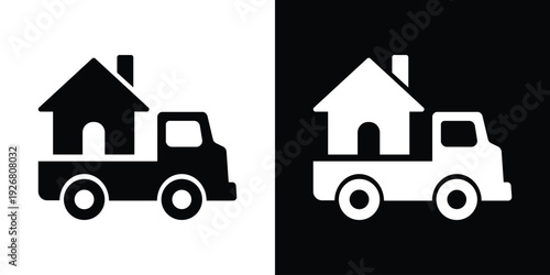 Vector illustration of a delivery truck carrying a house. Concept for real estate relocation, home moving services, and logistics. Flat black and white icons isolated on plain backgrounds.