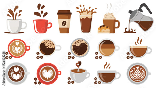 Various coffee cups and mugs with coffee beans on white background