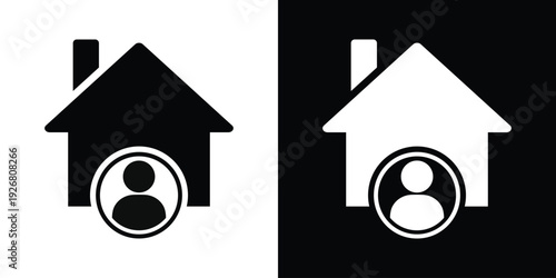 Vector illustration of a house with a person profile icon. Concept for homeowner, real estate agent, landlord, or residential user. Flat black and white icons for apps and web design.