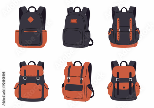 Collection of six diverse modern and vintage vector backpacks in dark gray and orange, ideal for travel, school, or hiking adventures, isolated on white.