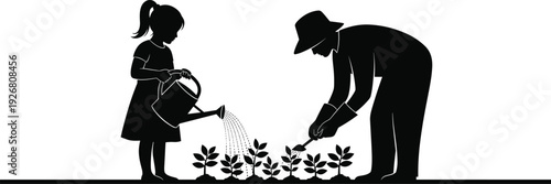 Gardening silhouette showing father and daughter planting and watering young plants together symbolizing family bonding and environmental care outdoors