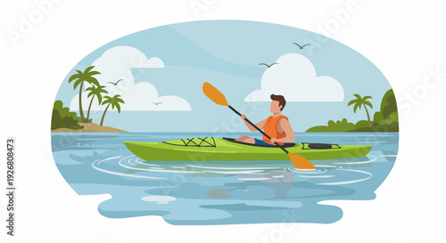 Man kayaking on calm tropical water near a palm-lined island shore, enjoying summer adventure and water sports activity.