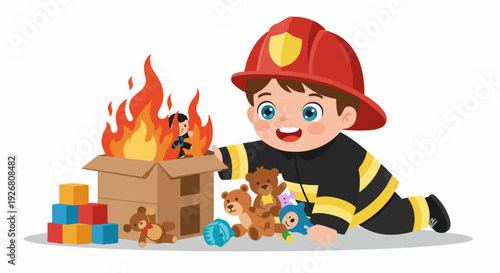 Cute Boy Firefighter Rescuing Toys from a Burning Cardboard Box during Imaginative Play
