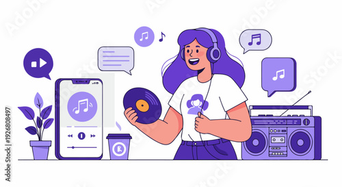 Young woman enjoying music via headphones, holding a vinyl record, illustrating the blend of analog and digital listening experiences.