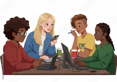 Four diverse young women collaborating on digital projects using laptops and desktops, representing teamwork and modern workplace education.