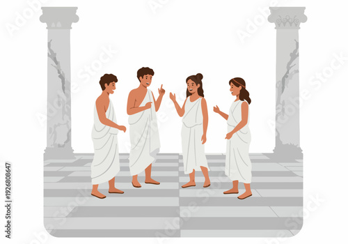 Ancient Greek citizens or philosophers in togas discussing ideas on stone steps near classical columns, isolated vector illustration.