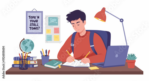 Young student writing notes and studying diligently at his desk, surrounded by books, a laptop, and educational materials.