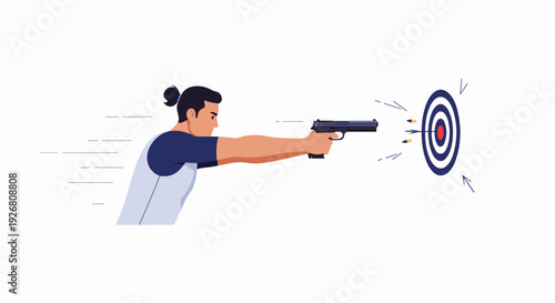 Focused man shooting a pistol precisely at the bullseye, symbolizing goal achievement, success, and strategic business focus.