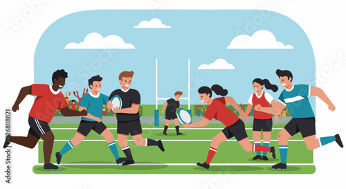 Dynamic Rugby Match Illustration with Diverse Male and Female Players Running on the Field, Chasing the Ball Towards the Goalposts.