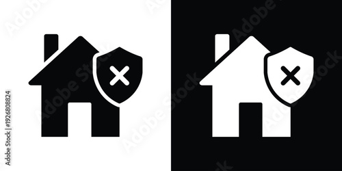 Modern house icon featuring a shield with a cross mark. Professional black and white graphics for home security, insurance protection, or restricted access systems.