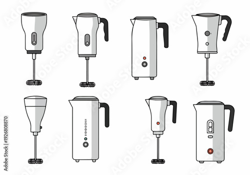 Set of Modern Electric Milk Frothers and Cream Whisks in Various Designs.