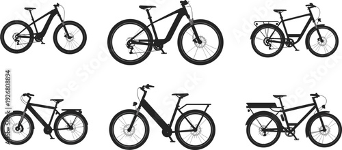 Collection of modern electric bicycles silhouettes isolated on white background, e-bike set with different frame styles, urban commuter and mountain bike designs