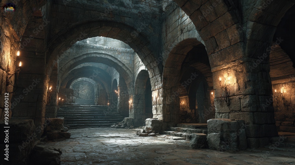 Obraz premium Atmospheric stone passageway inside a historic fortress with rough stone walls and arched openings letting natural light inside.