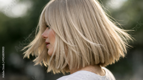 Close-up profile of young blonde woman with stylish bob haircut moving in soft breeze outdoors in natural light