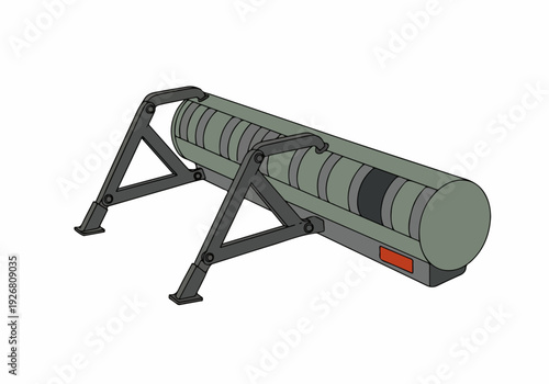 Cartoon illustration of a segmented cylindrical roller or farm implement component mounted on a gray support stand, isolated object.