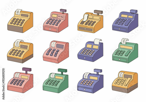 Collection of colorful retro cash register machines in doodle style, featuring point of sale devices, receipts, and different designs on a white background.
