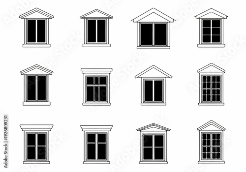 Black and white line art vector set featuring 12 different architectural windows, including various frame, casing, and pediment designs for houses and buildings.