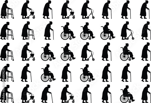 Elderly mobility silhouette collection featuring seniors using walking cane, walker and wheelchair representing aging care, rehabilitation and healthcare support concepts