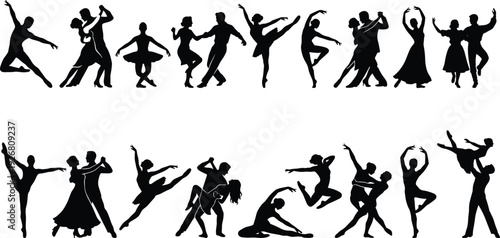 Dance couple and solo dancer silhouette collection featuring ballroom, contemporary and classical performances in dynamic poses isolated on white background
