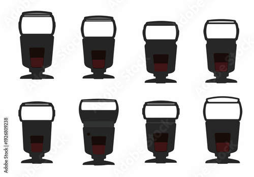 Eight generic speedlight camera flash units displayed as minimalist vector illustrations, representing professional photography lighting equipment.