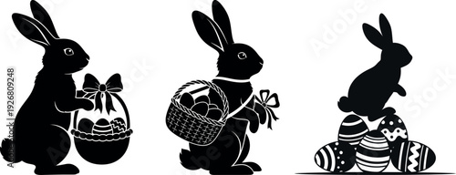 Easter bunny silhouettes with eggs and baskets celebrating springtime holiday