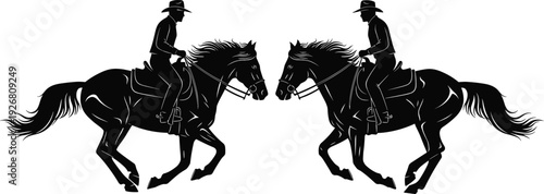 Cowboy horse riding silhouettes showing western equestrian riders in motion, wild west ranch lifestyle, rodeo sport concept isolated on white background vector illustration