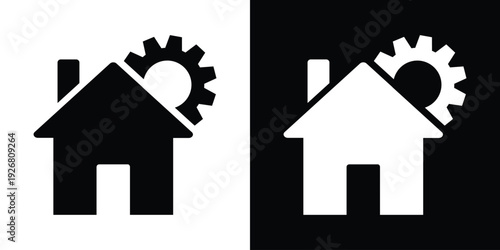 House icon with a mechanical gear symbol. Ideal for smart home configuration, property maintenance, home automation settings, and repair services. Minimalist black and white vector design.