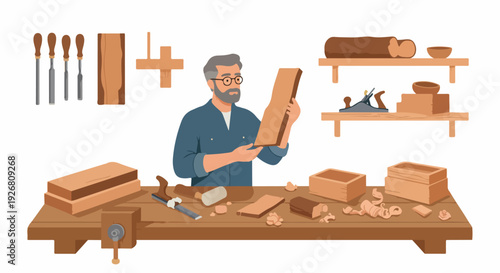 Craftsman examining a wooden plank at his workbench, surrounded by woodworking tools and shavings in a dedicated workshop illustration.